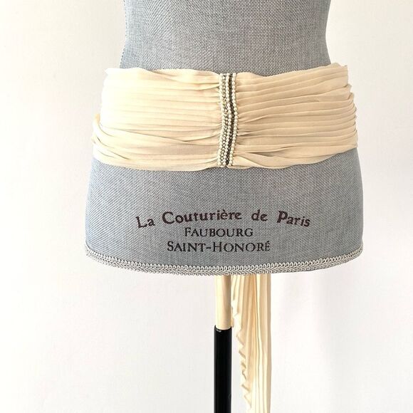 Vintage Cream Delicate Pleated Silk Scarf 79” Beaded Victorian Romantic Firly - Picture 8 of 10
